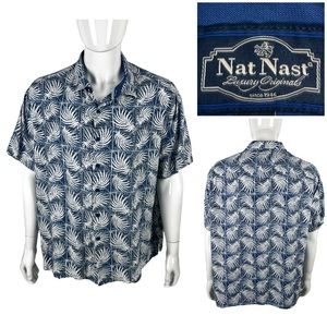 Nat Nast Mens 2XL Shirt Silk Cotton Blend BLUE TROPICAL Print Camp Short Sleeve